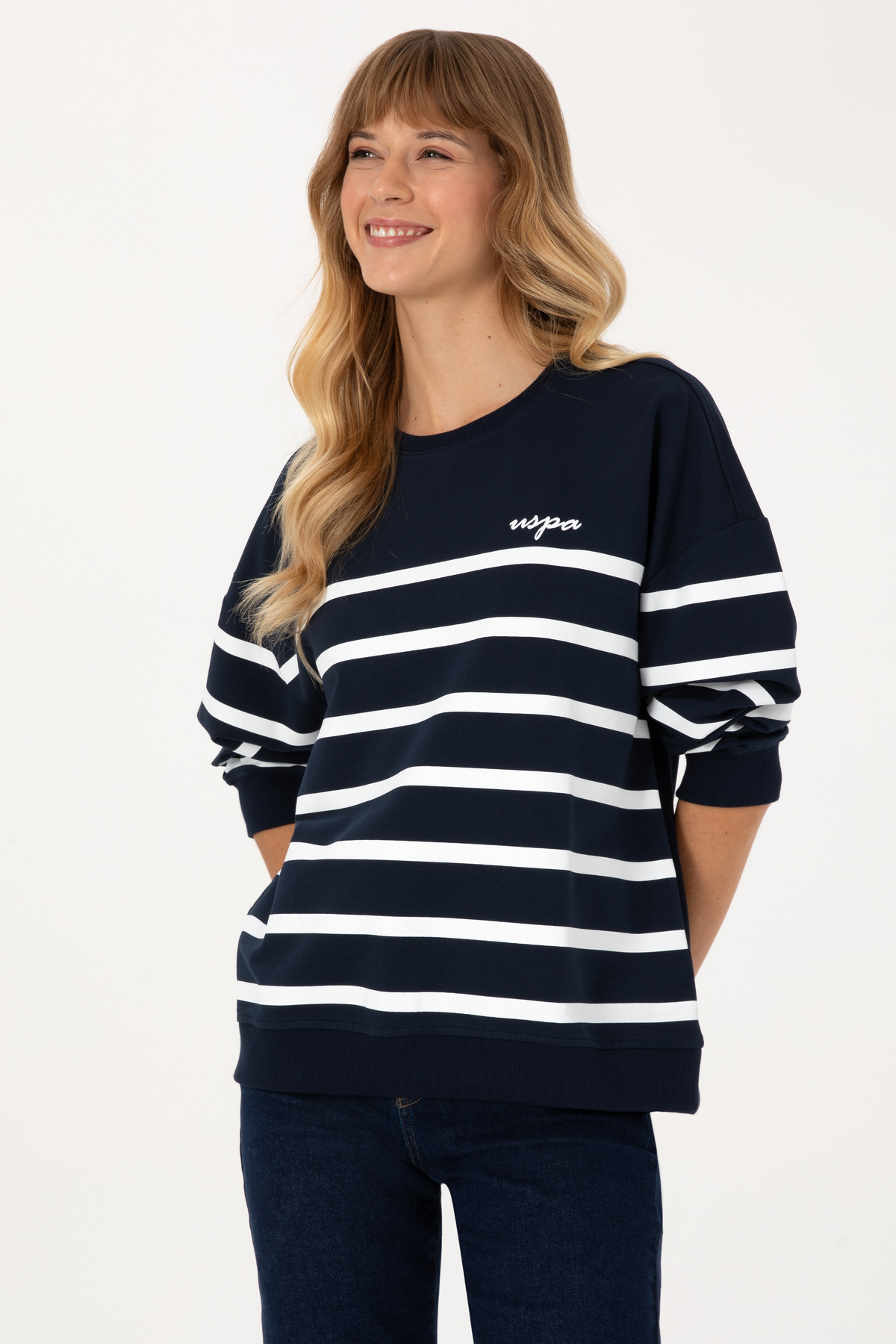 U.S. Polo Assn. Kadın Lacivert Çizgili Bisiklet Yaka Sweatshirt 50313572-VR033 görsel 3
