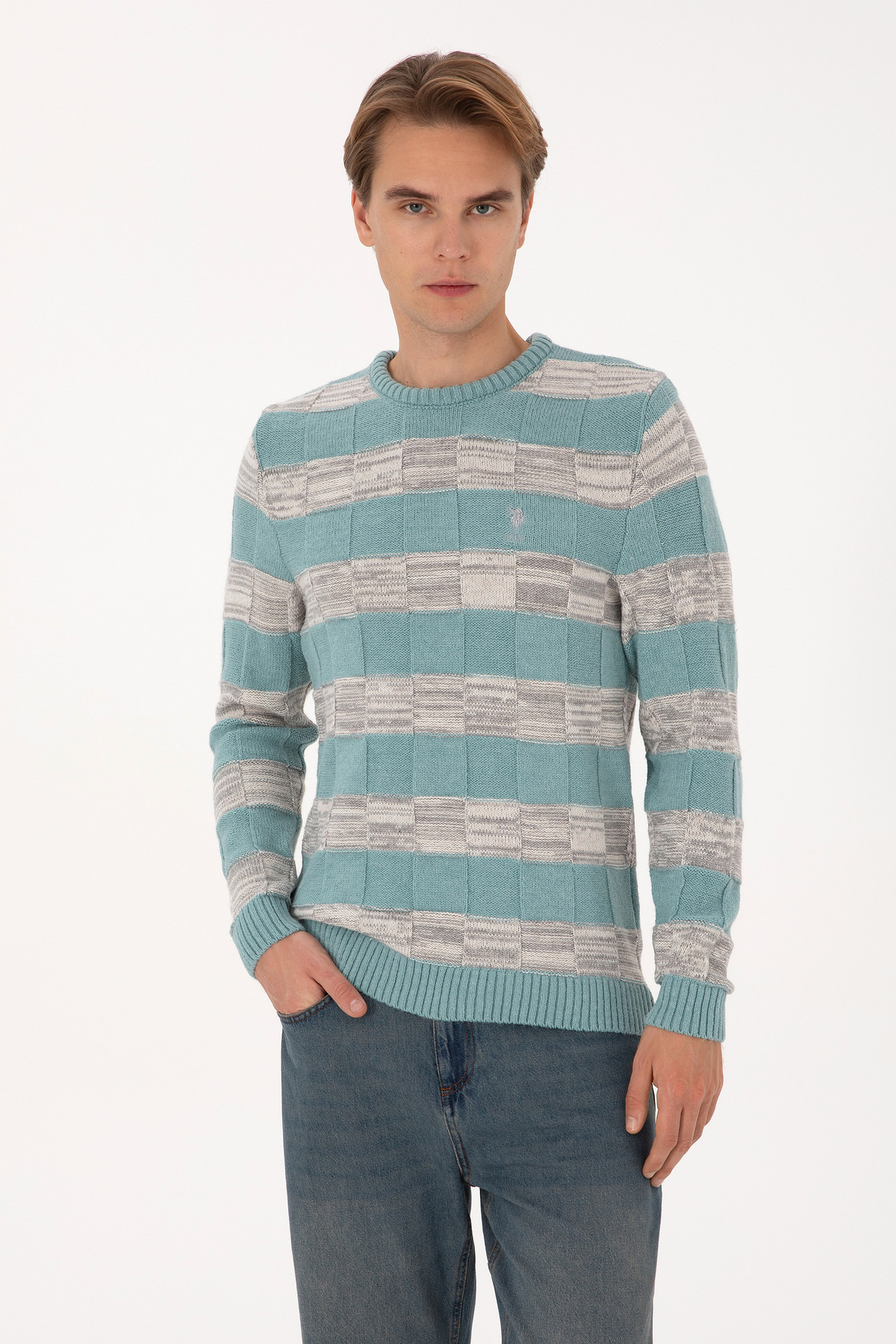 یو اس پولو ژاکت مردانه یقه گرد معمولی فیت به رنگ نعنایی 50307829-VR152