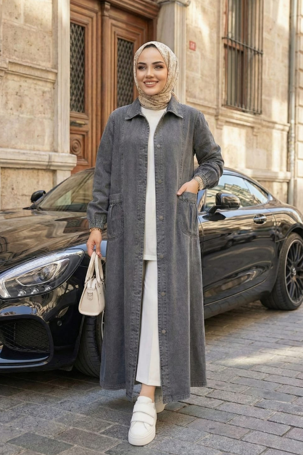 Hb Harma Time Butik  Kadın Düğmeli Cepli Denim Gri Kot Kap - Görsel 4