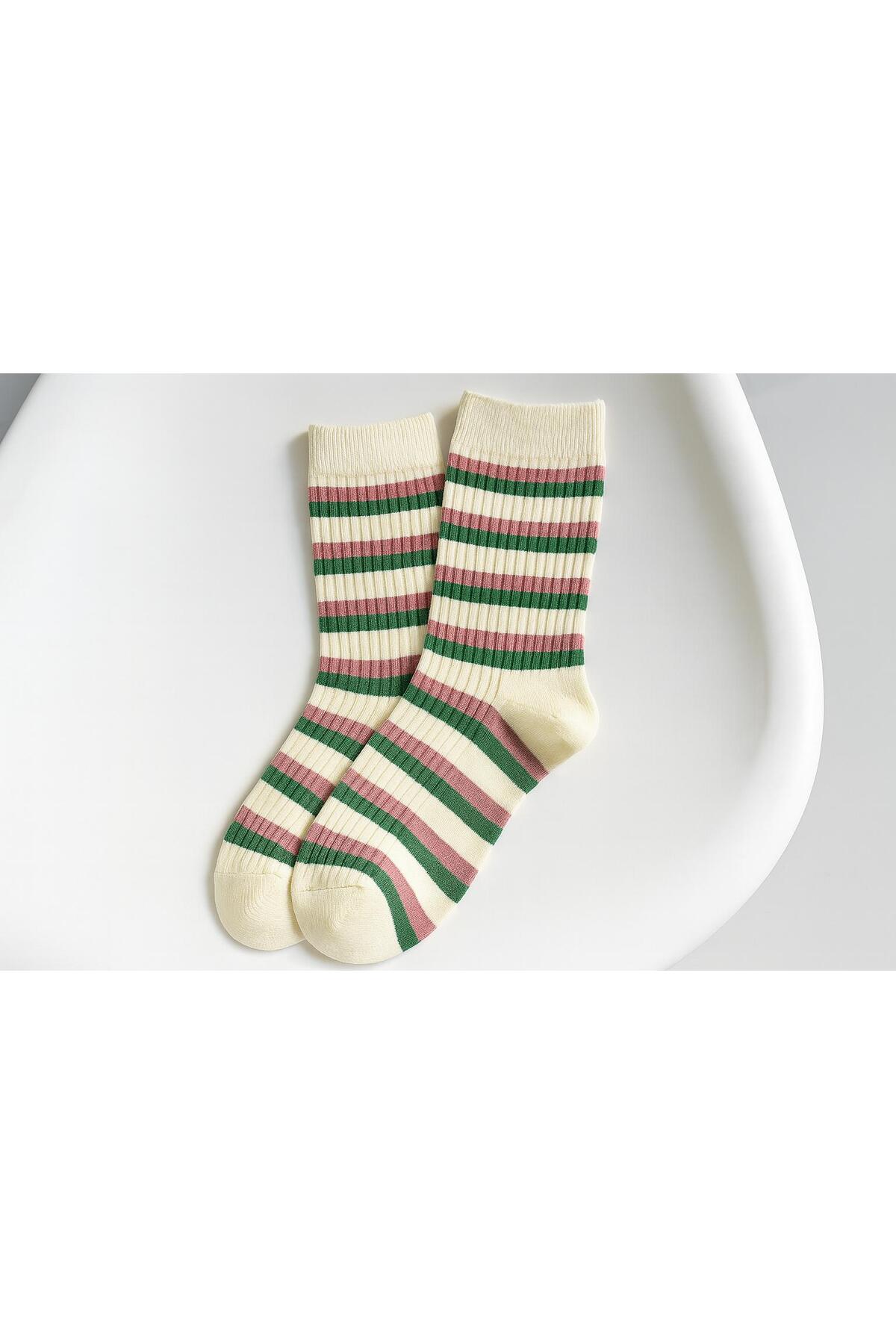 Sky Socks 5'li Ekonomik Paket Yeşil-Pembe Desenli Unisex Tenis Çorap Seti görsel 5