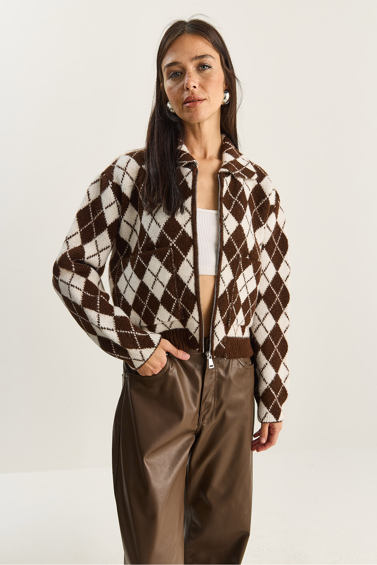 Bianco Lucci  Kadın Baklava Desenli Yakalı Fermuarlı Triko Hırka 20251099 - Görsel 2