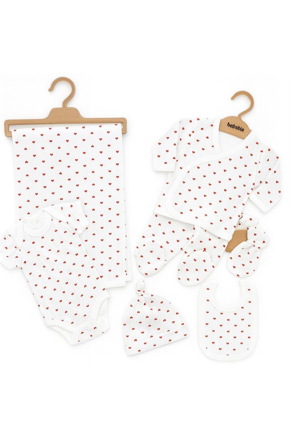 BYS BABY FASHION Organik Pamuklu Kalp Desenli Desenli 7'li Yenidoğan Kız- Erkek Bebek Hastane Çıkış Seti fotoğrafı 3 (önizleme)