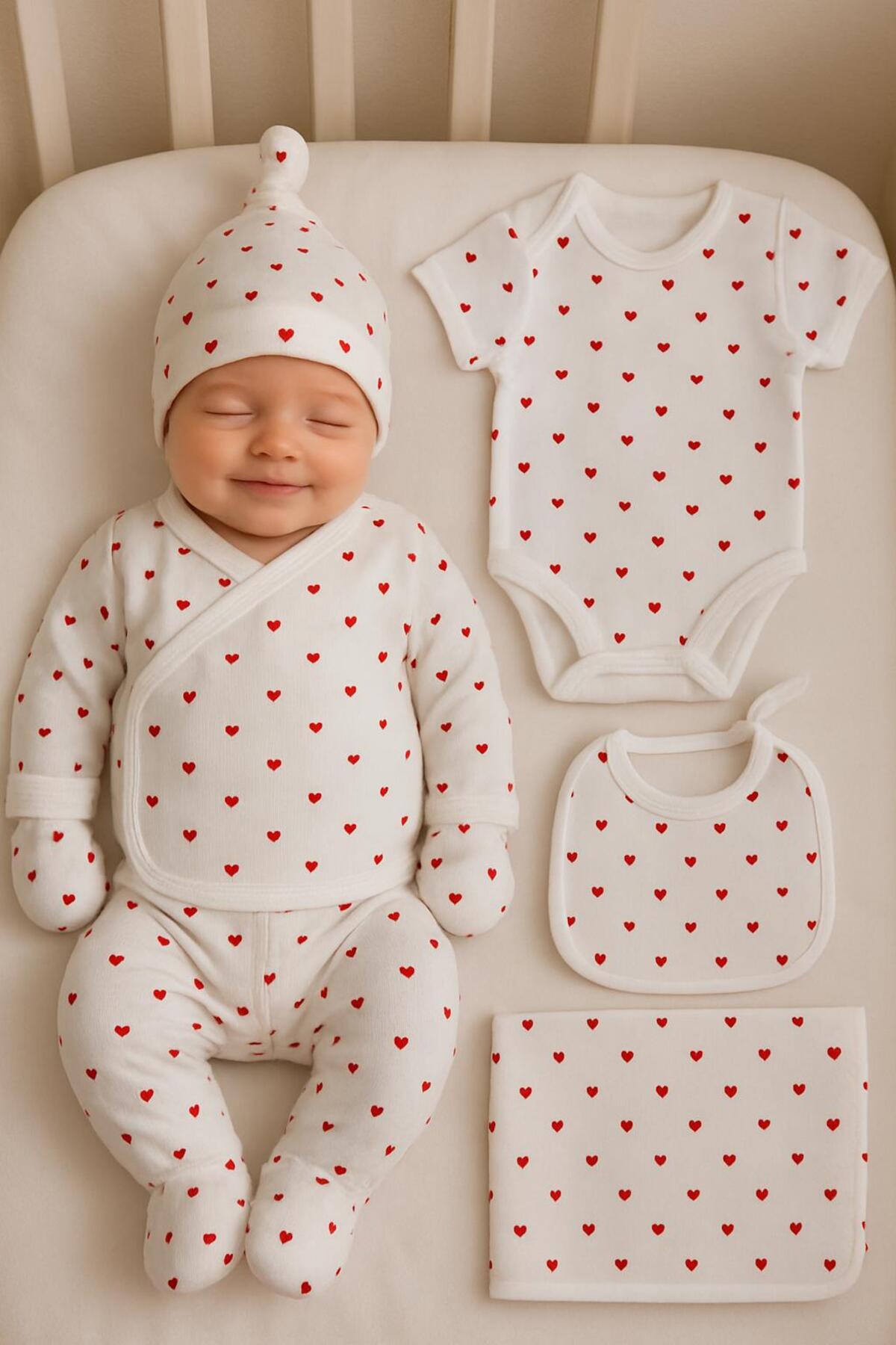 BYS BABY FASHION Organik Pamuklu Kalp Desenli Desenli 7'li Yenidoğan Kız- Erkek Bebek Hastane Çıkış Seti fotoğrafı 6 (önizleme)