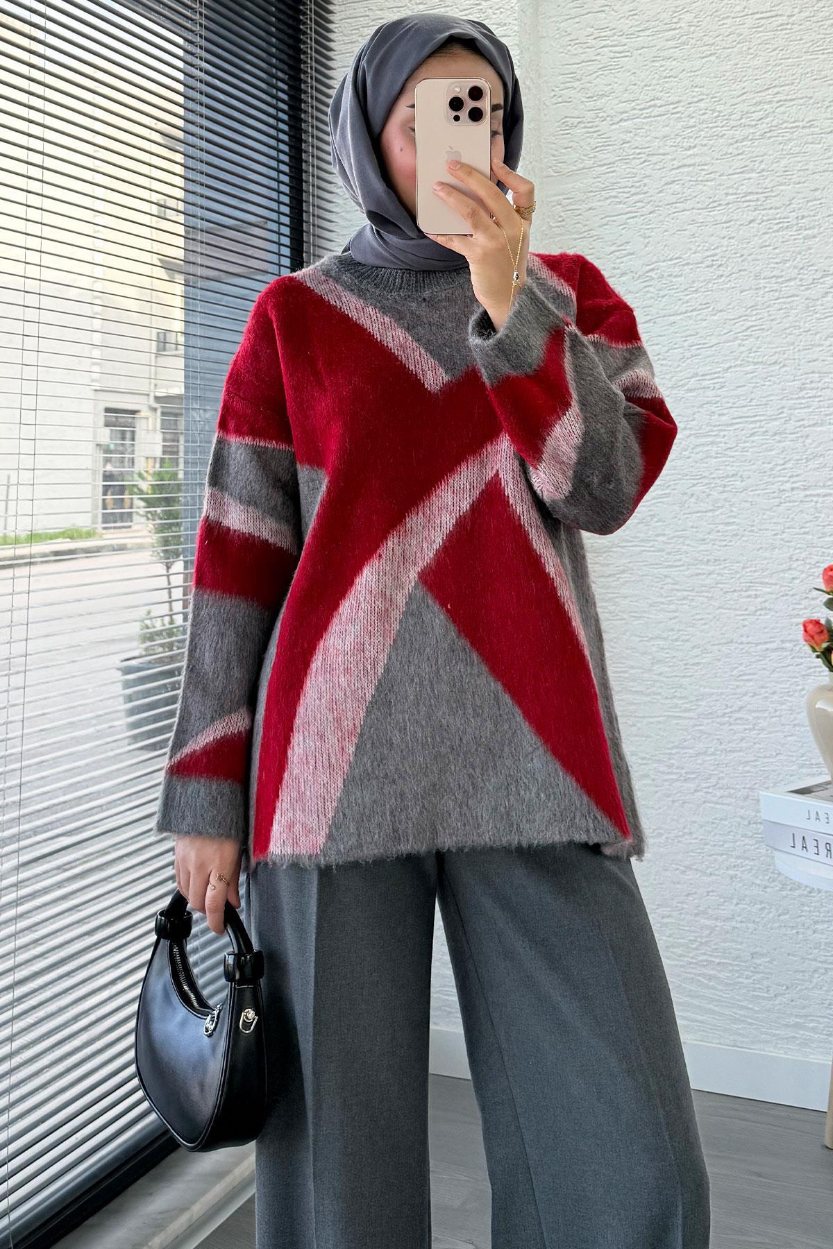 MELEK ARAZ Çizgi Desen Oversize Triko Kazak, Kırmızı görsel 2
