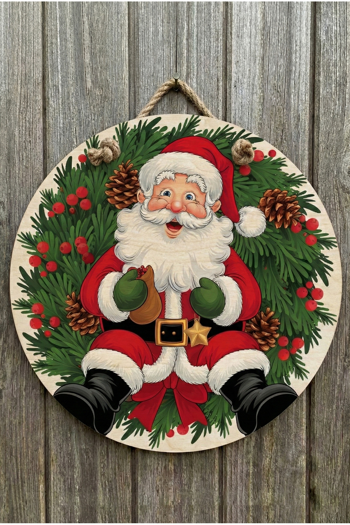 Mutlu Noel Baba Temalı Yılbaşı Kapı Süsü - Kozalaklı Ahşap Çelenk Duvar Dekoru (30 cm) -