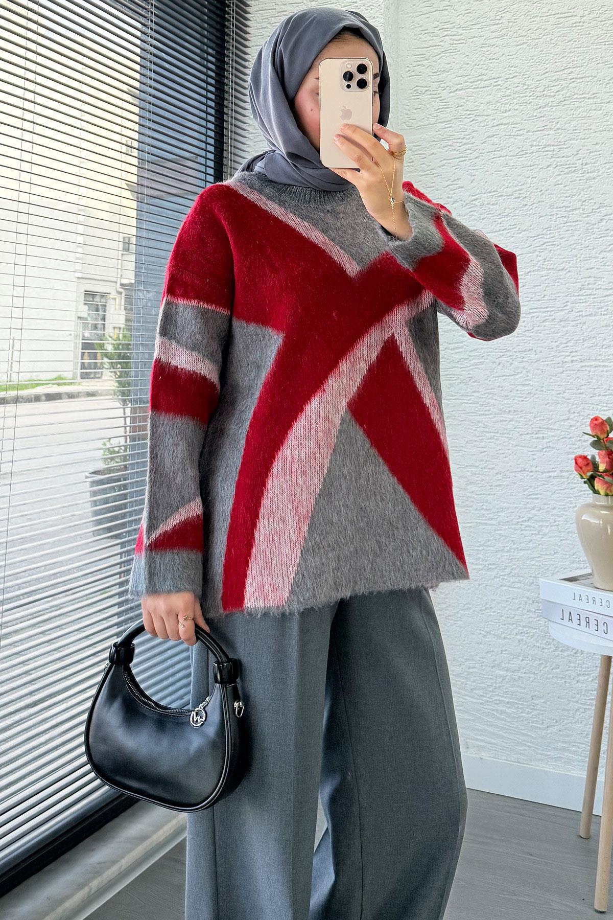MELEK ARAZ Çizgi Desen Oversize Triko Kazak, Kırmızı görsel 6