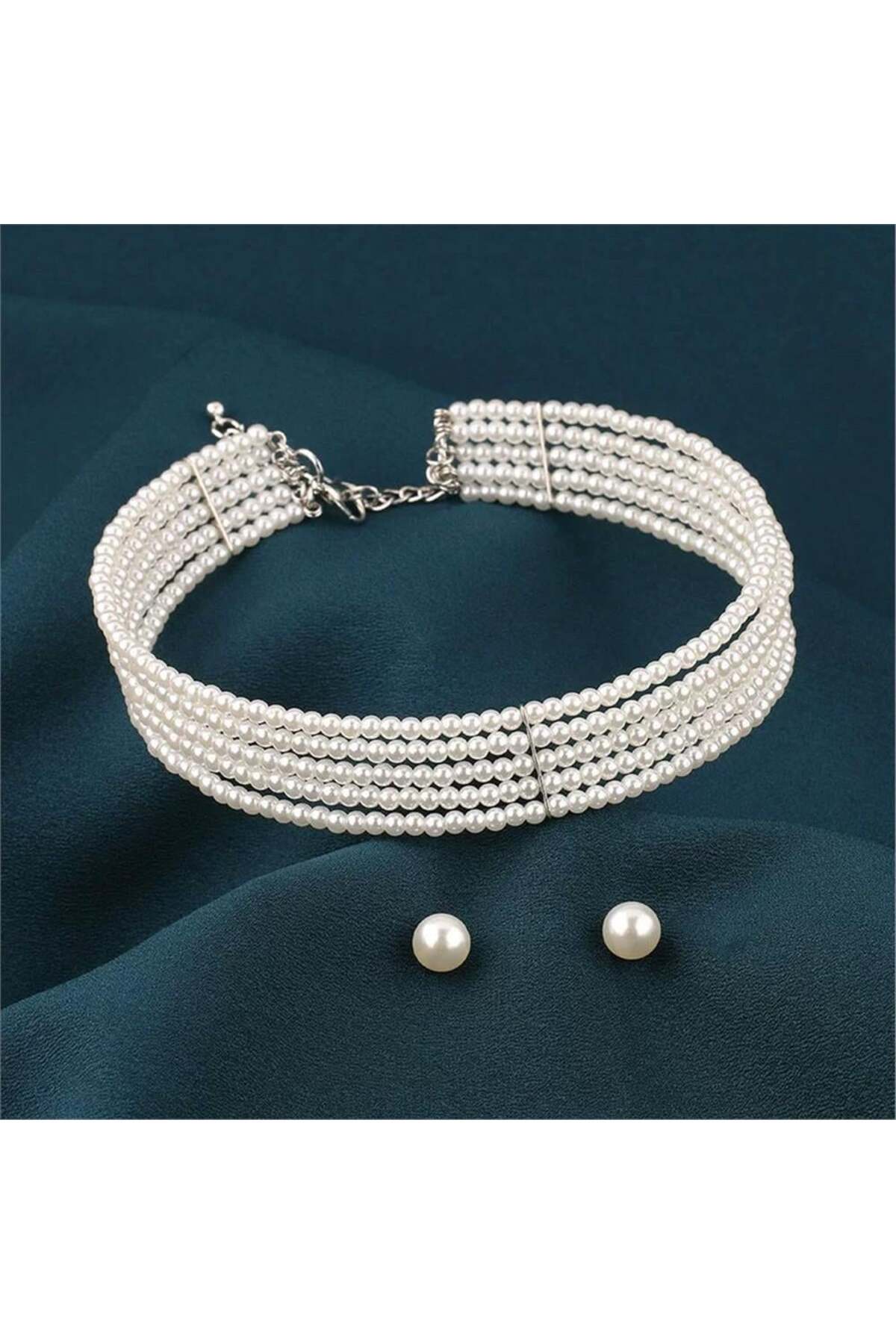 Beş Sıralı Klasik Beyaz İnci Choker Kolye ve Küpe Seti