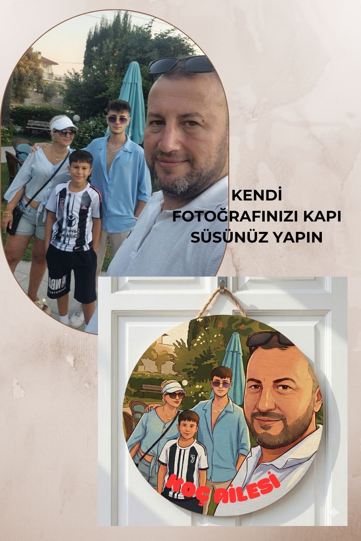 Kişiye Özel Fotoğraftan Avatar Çizimli Ahşap Kapı Süsü - Aileye Özel Tasarım