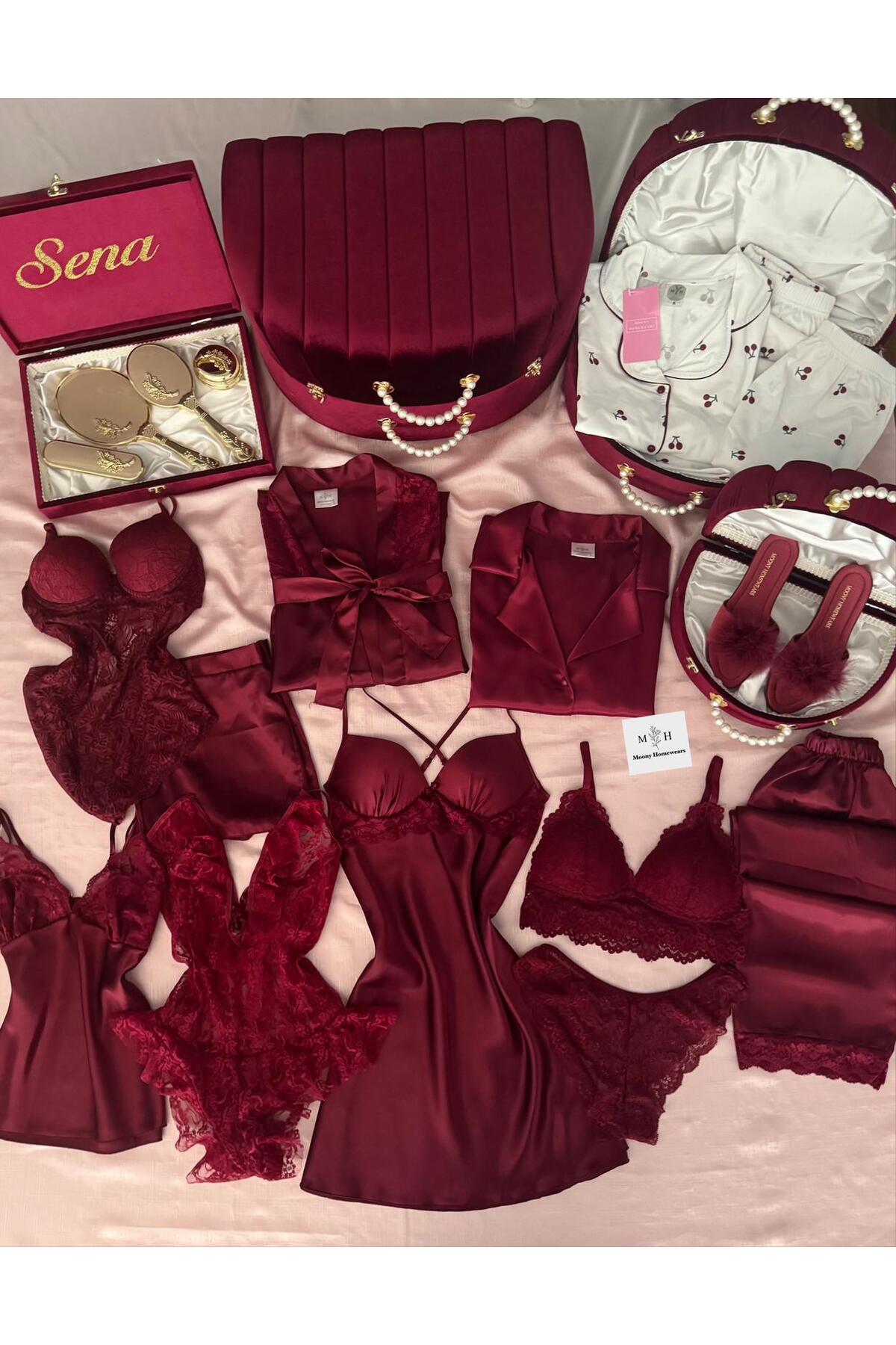 MH Moony Homewears İsme Özel 23 Parça Lüks Gizem Bordo Bohça Çeyiz Seti