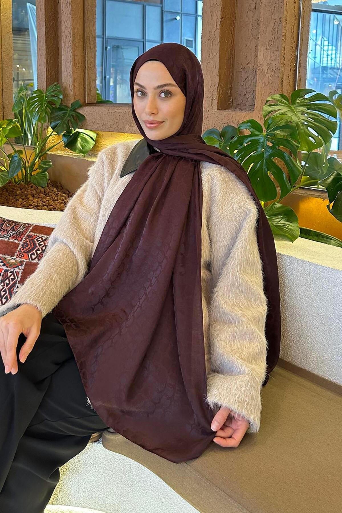 lamelif Bloom Desen Ayrobin Floş Jakar Şal Koyu Bordo görsel 2