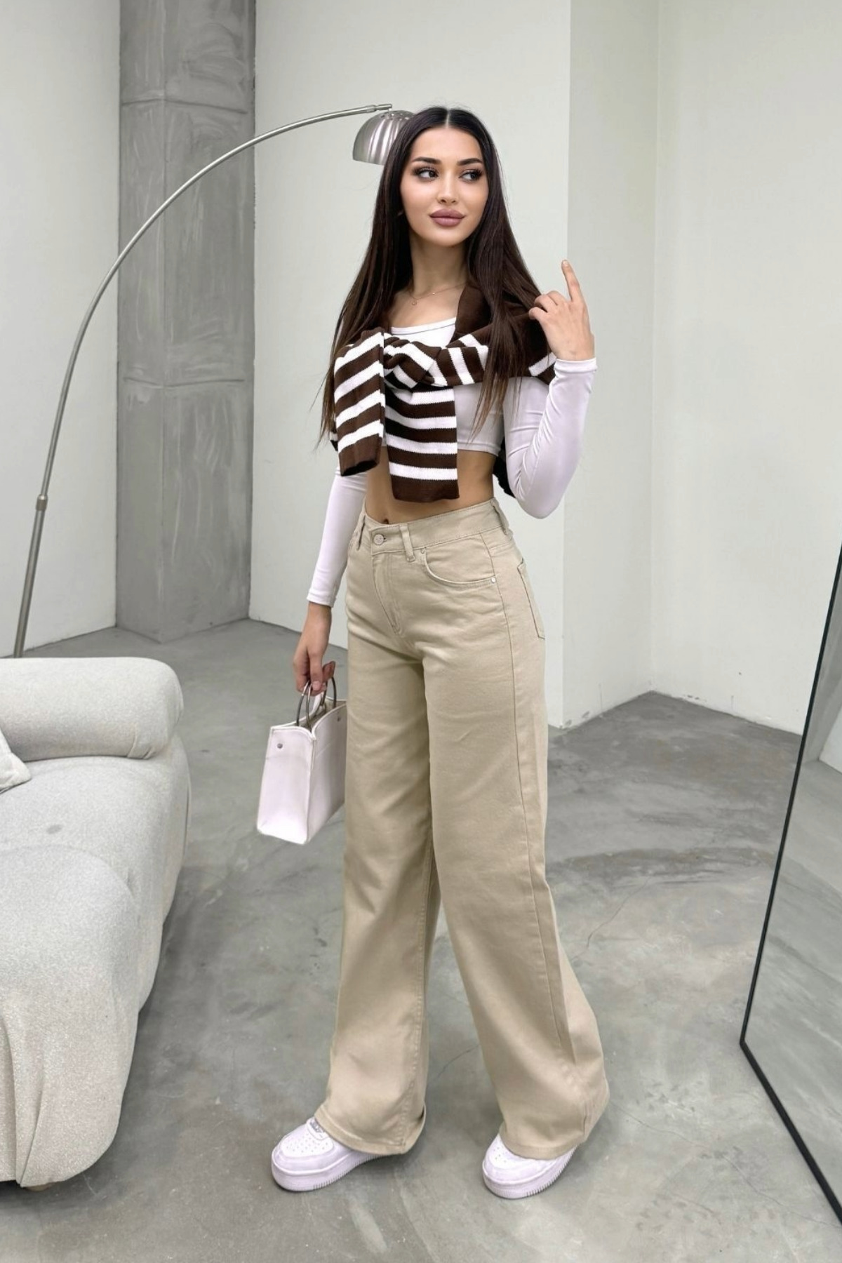 BİKELİFE  Kadın Bej Yüksek Bel Geniş Paça Bol,salaş Palazzo Jeans - Görsel 5