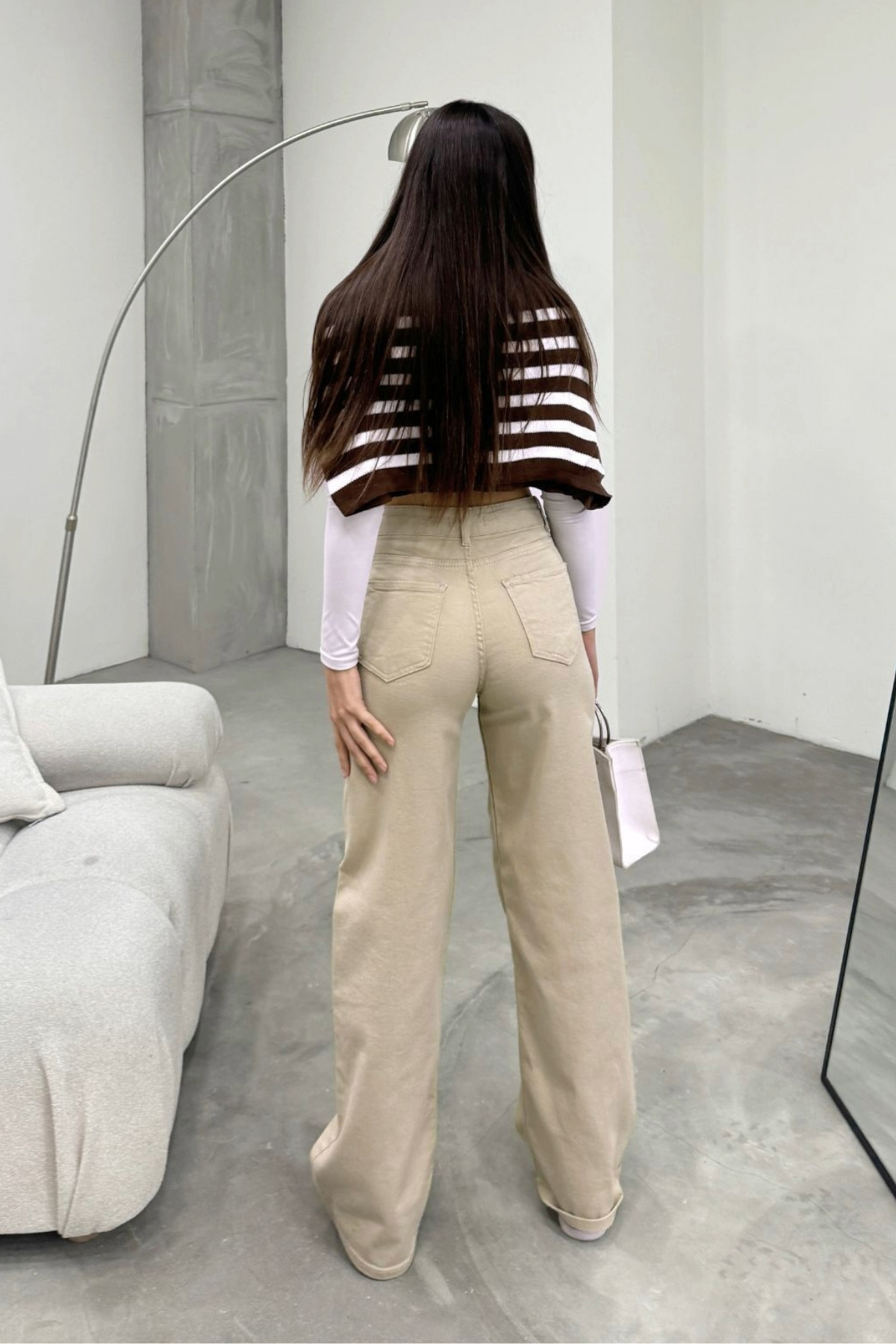 BİKELİFE  Kadın Bej Yüksek Bel Geniş Paça Bol,salaş Palazzo Jeans - Görsel 3