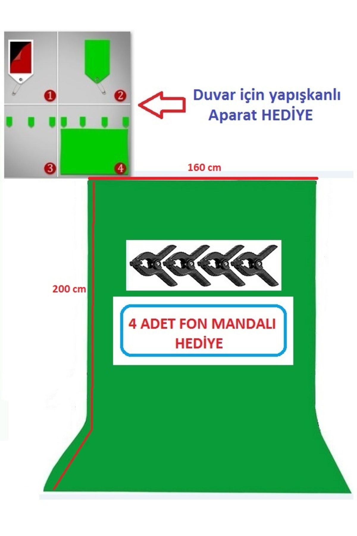 1.6x2 M Chromakey Green Screen Greenbox Yeşil Fon Perde yanında 4 adet fon mandalı