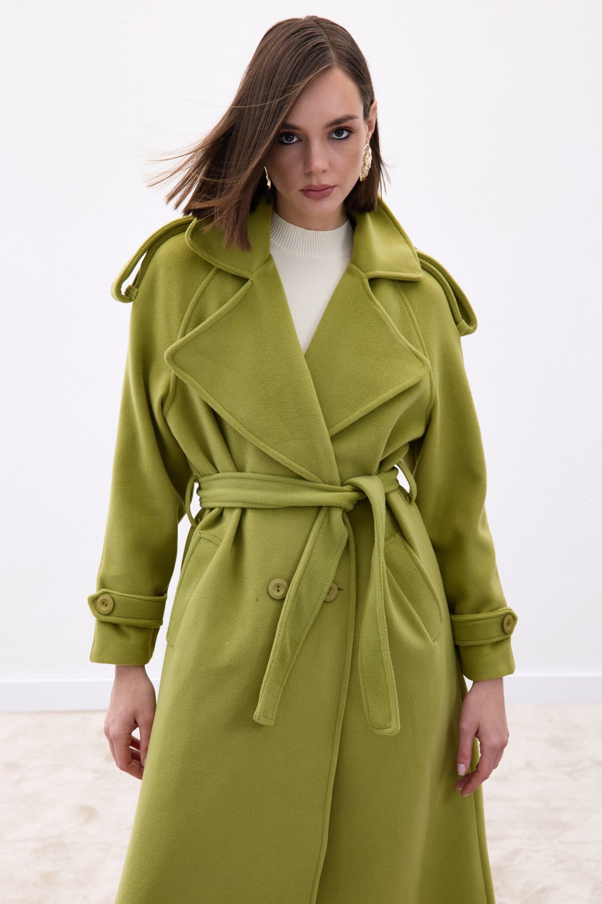 Sateen  Geniş Yaka Uzun Kaban - Yeşil - Görsel 7