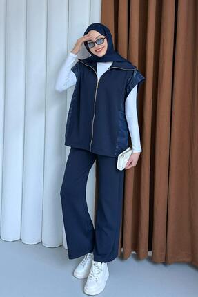 Modaensarbutik Yanları Parlak Garnili Yelekli Tesettür Takım-LACİVERT