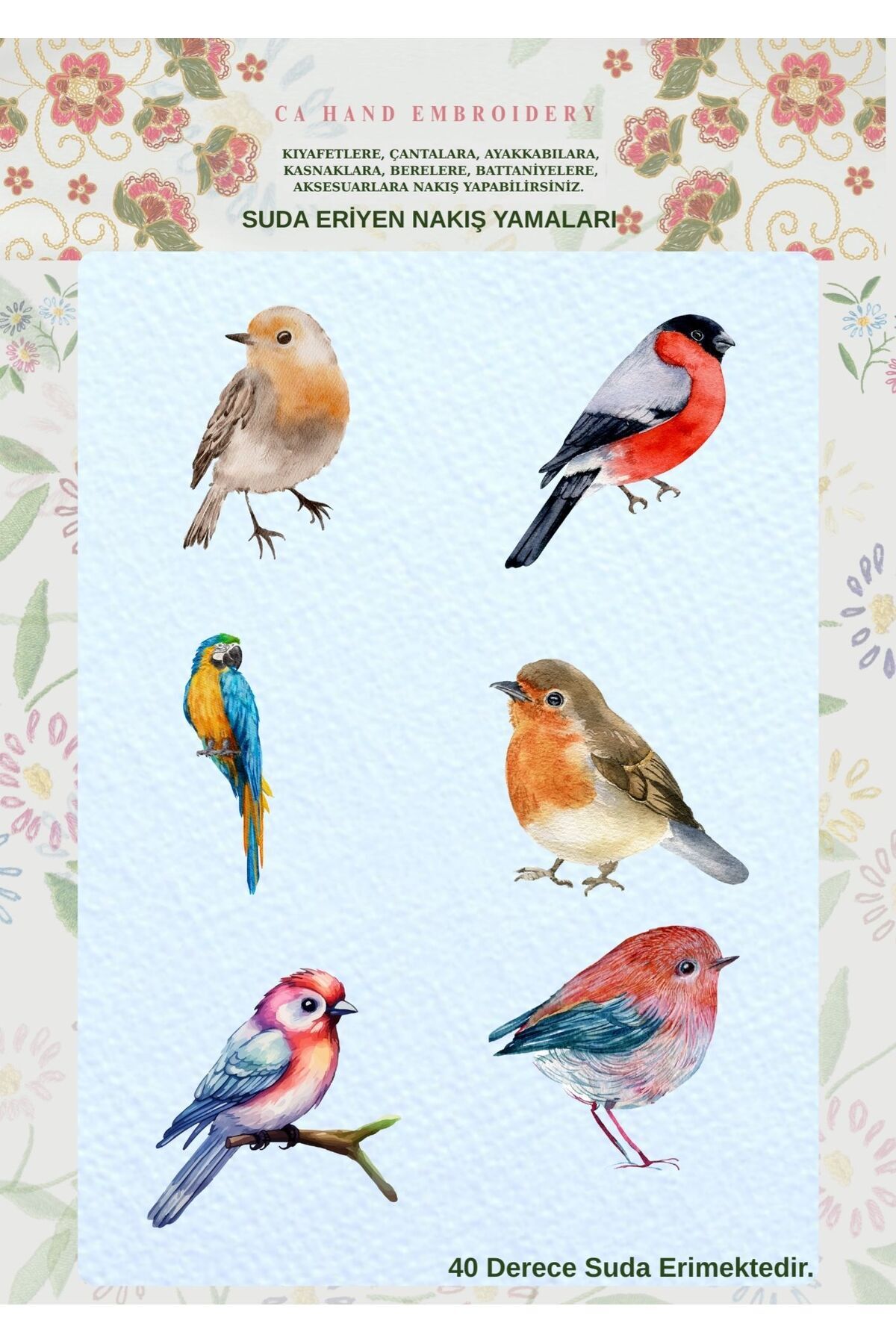 CA _hand_embroidery 6 Farklı Renkli Kuş Desenleri Serisi Suda Eriyen Sanatsal Transfer Kağıdı A4 Yazıcı Baskılı