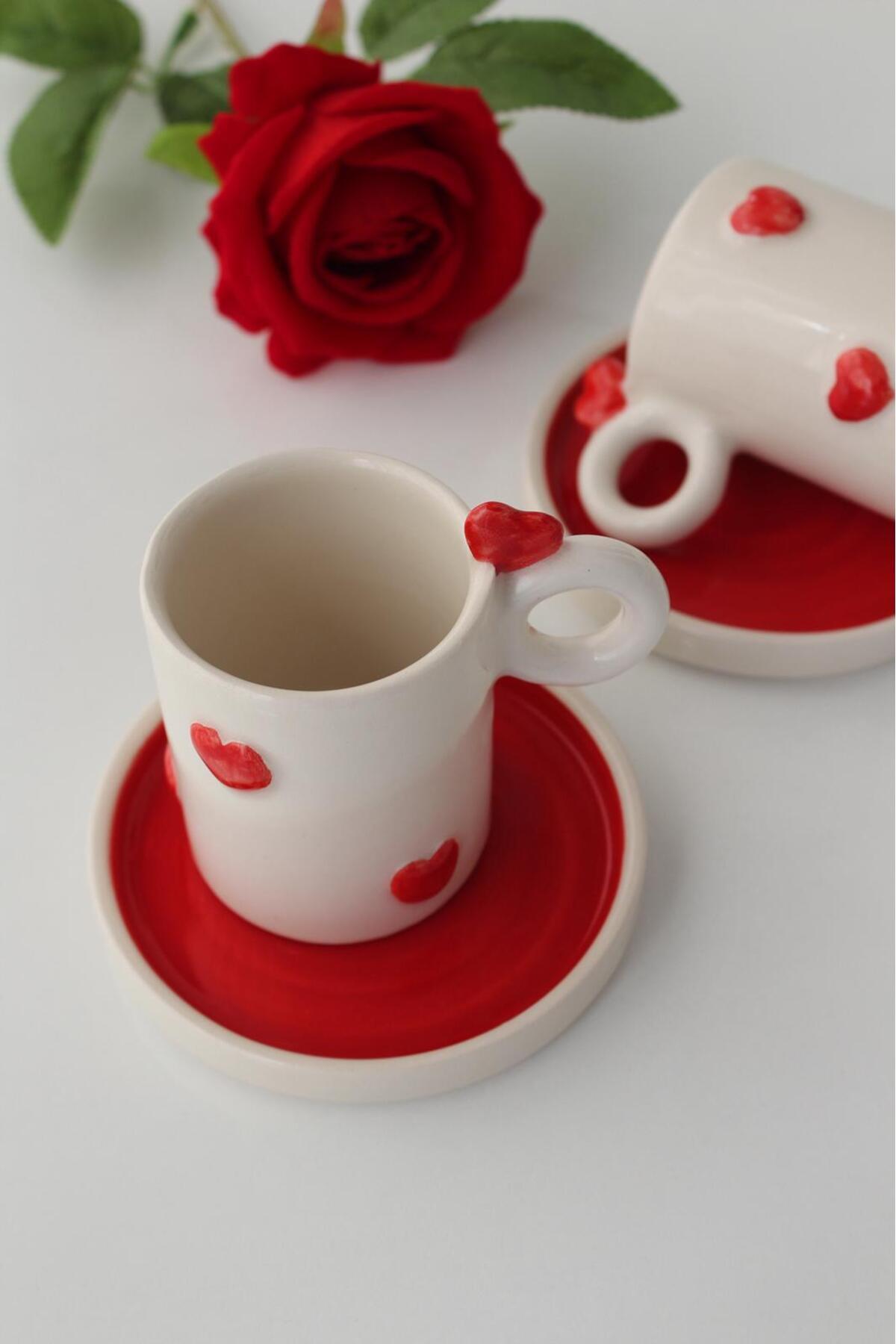 HANDMADE 2-PERSON 4-PIECE HEART DESIGN COFFEE CUP SET 110 ML.