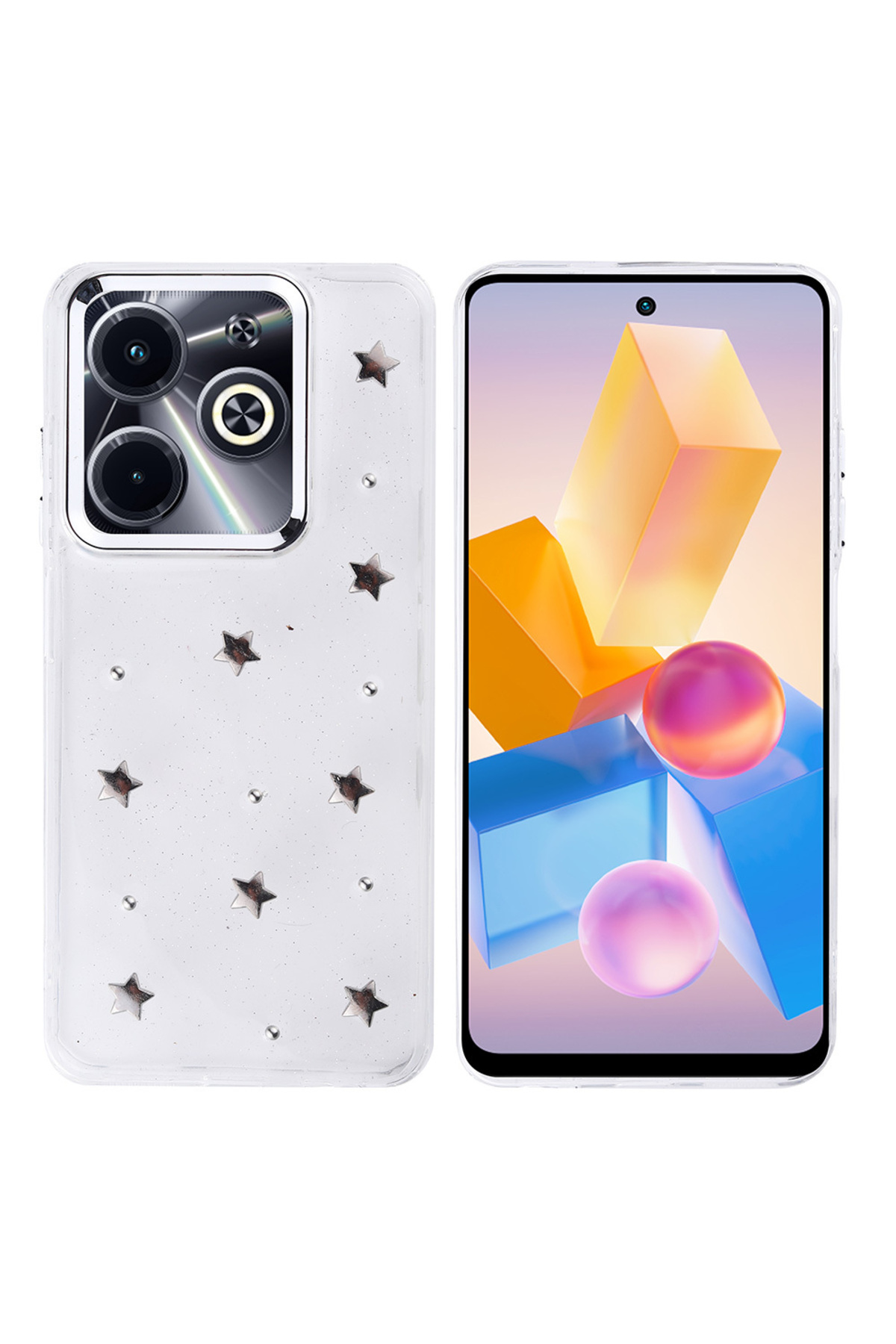 İnfinix Hot 40i Kılıf Airbag Tasarımlı Simli Şeffaf SAFA Kutup Kapak - Yıldız