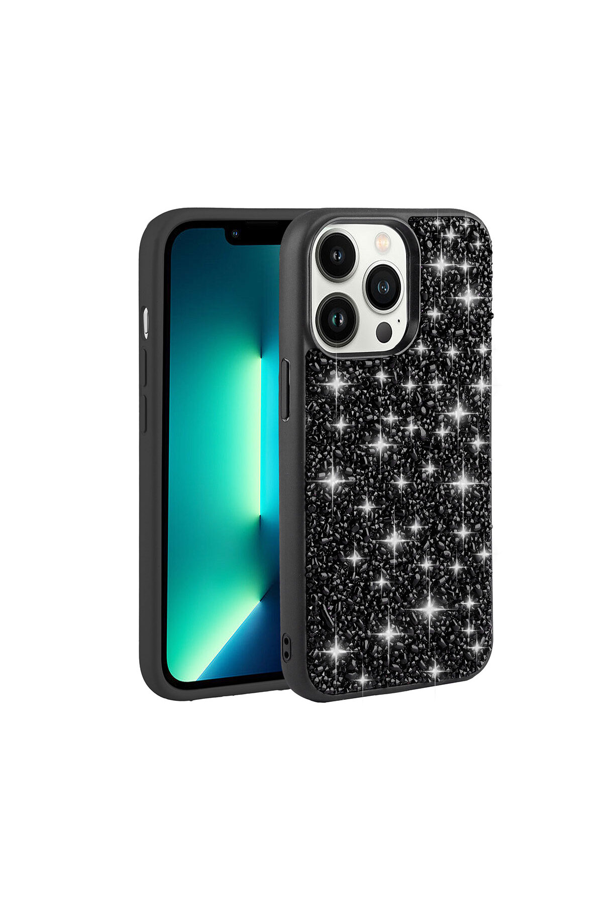 iPhone 13 Pro Uyumlu Parlak Taşlı Tasarım SAFA Linea Kılıf-Siyah