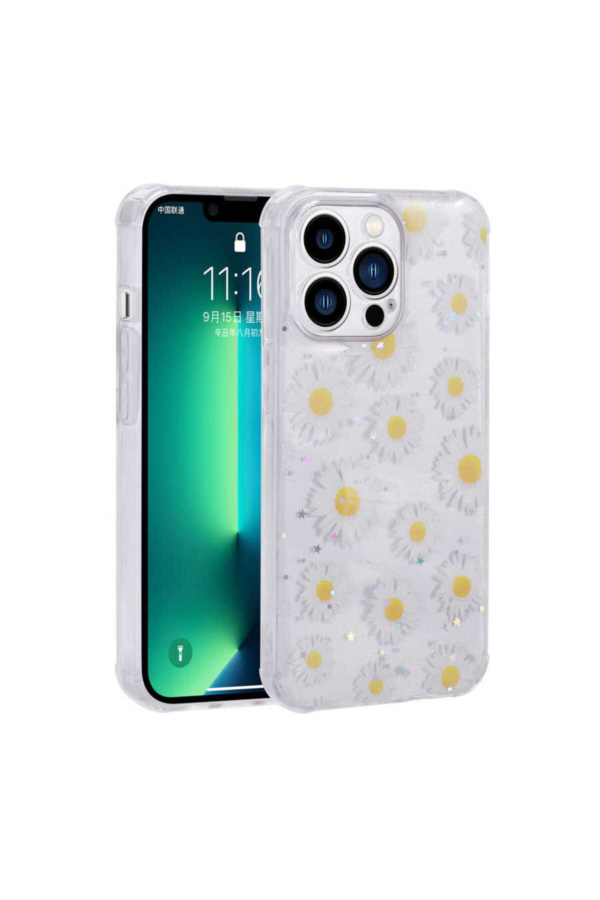 iPhone 12 Pro Uyumlu Simli Desenli Kamera Korumalı Parlak SAFA Popy Kılıf-PaNSM-ya