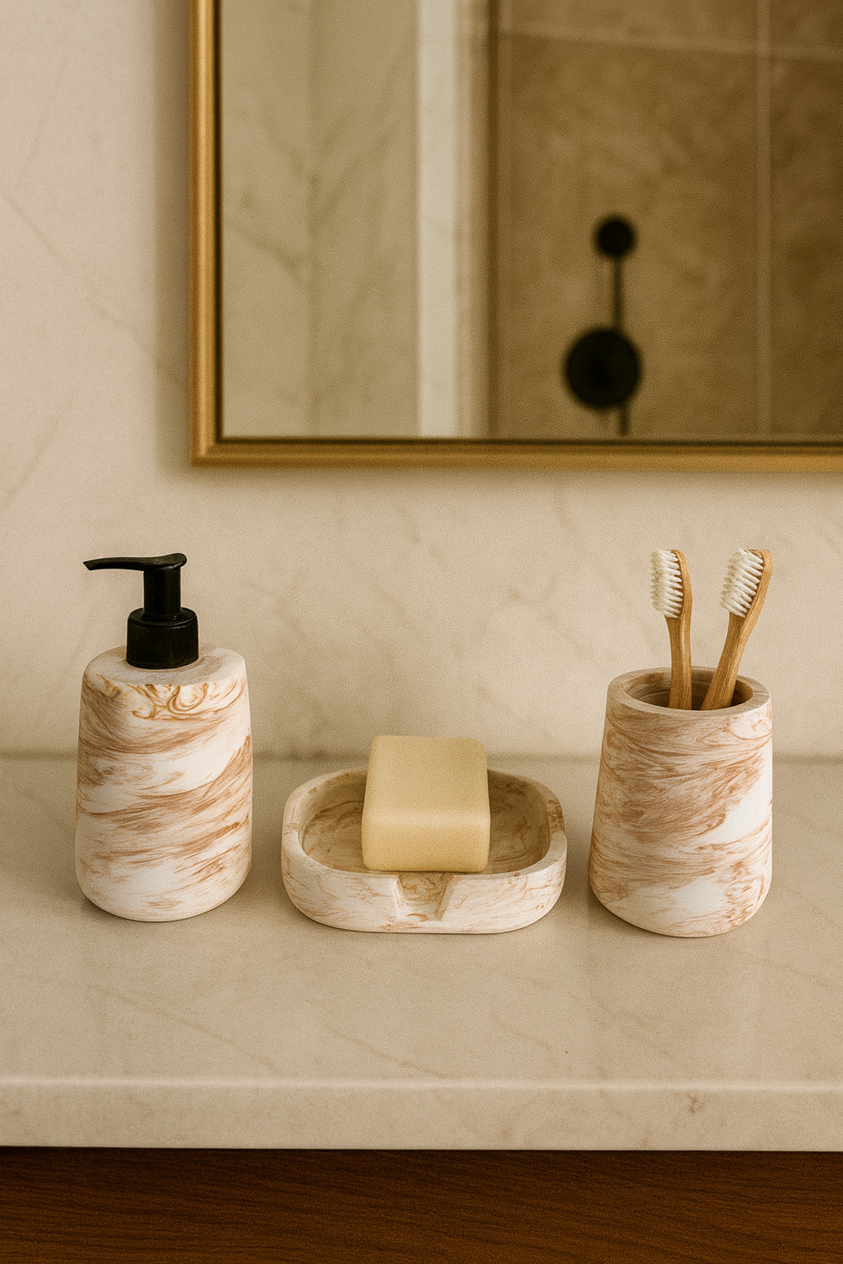 Zigzag Home Model Decorativ Din Marmură, 3 Piese, Model Oval, Set De Baie, Dozator De Săpun Lichid, Dozator De Săpun Solid, Set De Suport Pentru