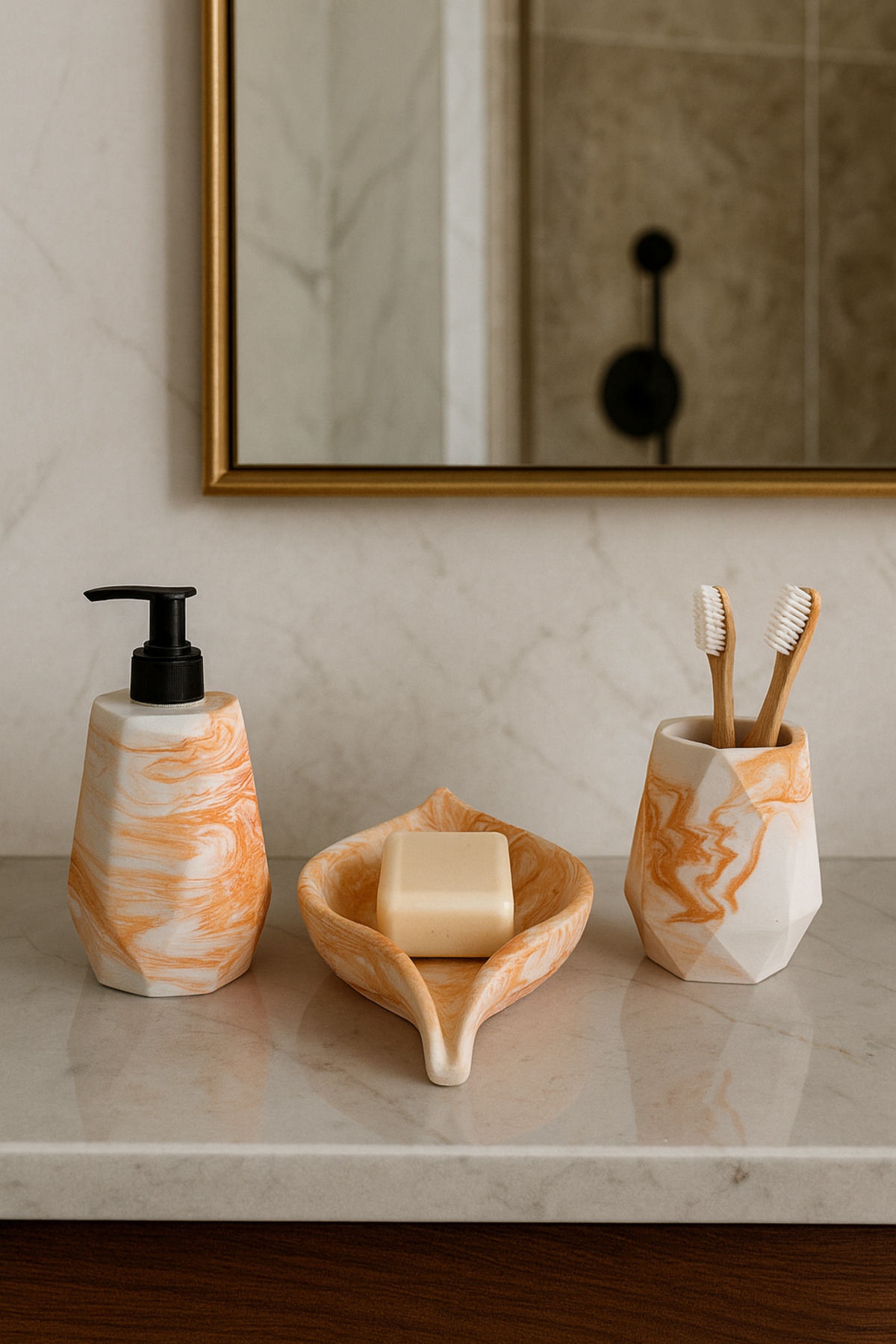 Decorative 3-Piece Geometric Marble Pattern Bathroom Set Soap Dispenser Solid Soap Dispenser Toothbrush Holder Set