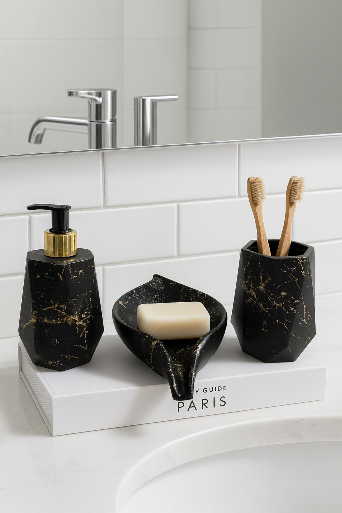 Decorative 3-Piece Geometric Marble Pattern Bathroom Set Soap Dispenser Solid Soap Dispenser Toothbrush Holder Set