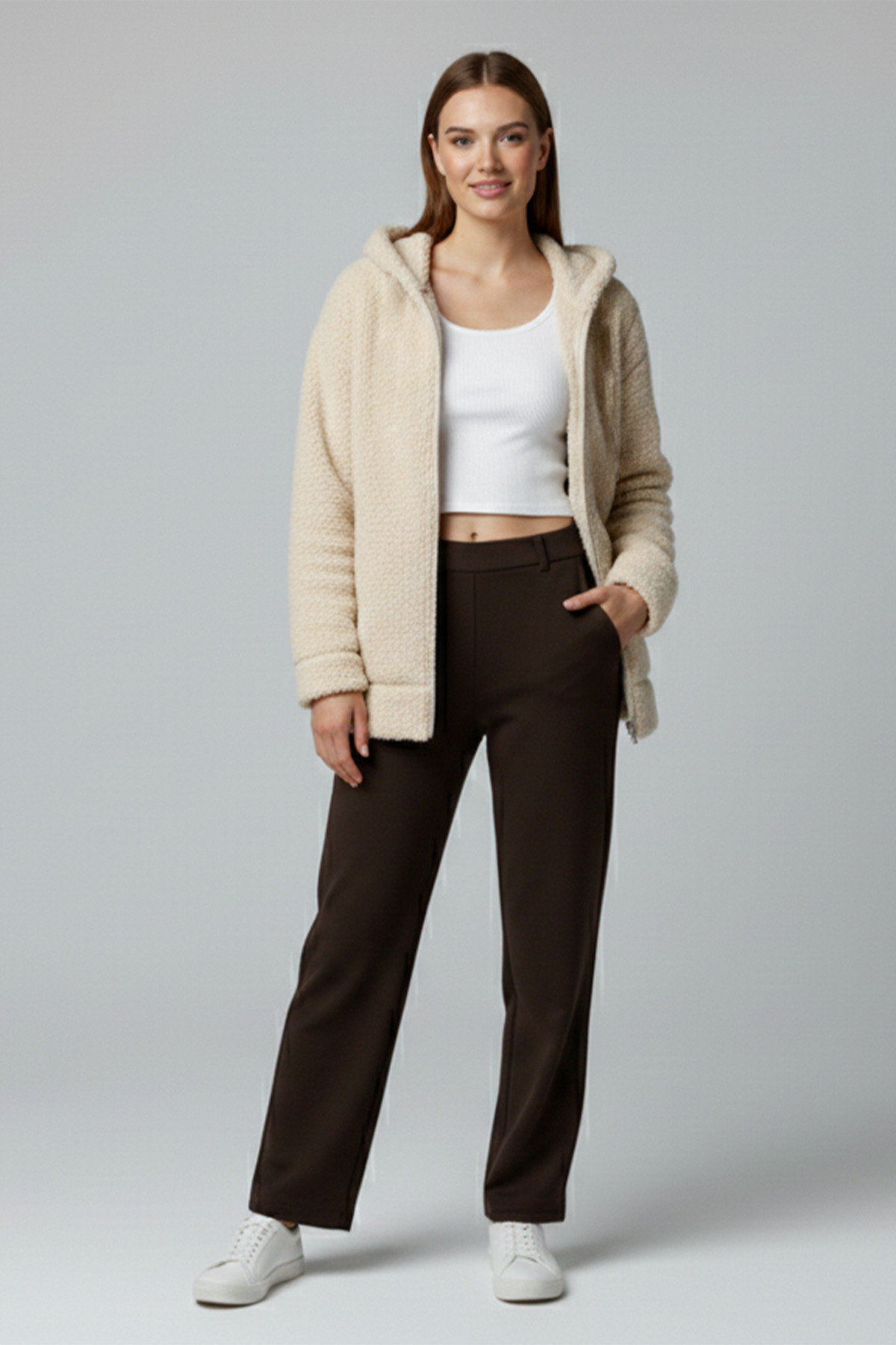 Betimoda  Kadın Fermuarlı Kapüşonlu Uzun Peluş Polar Hırka Ekru - Görsel 6