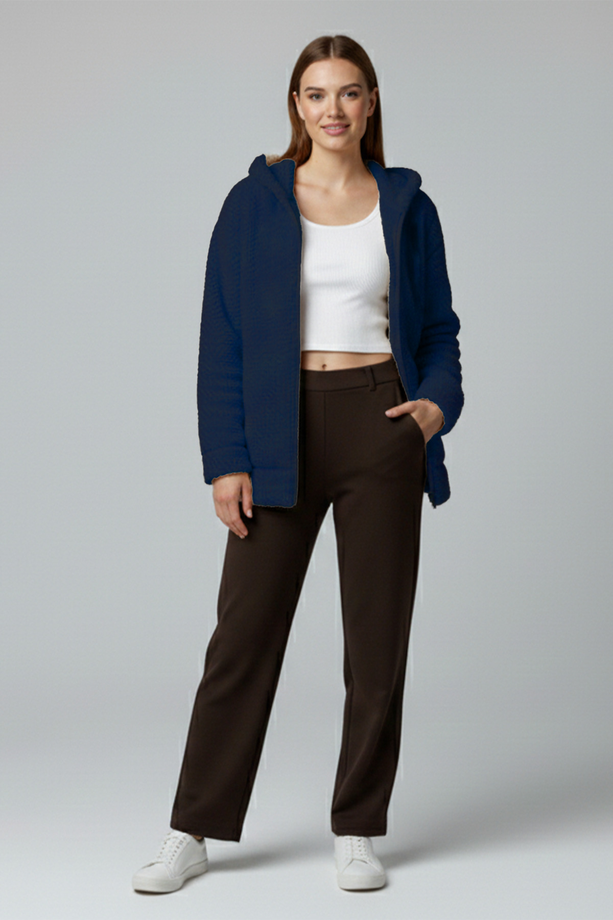 Betimoda  Kadın Fermuarlı Kapüşonlu Uzun Peluş Polar Hırka Lacivert - Görsel 4