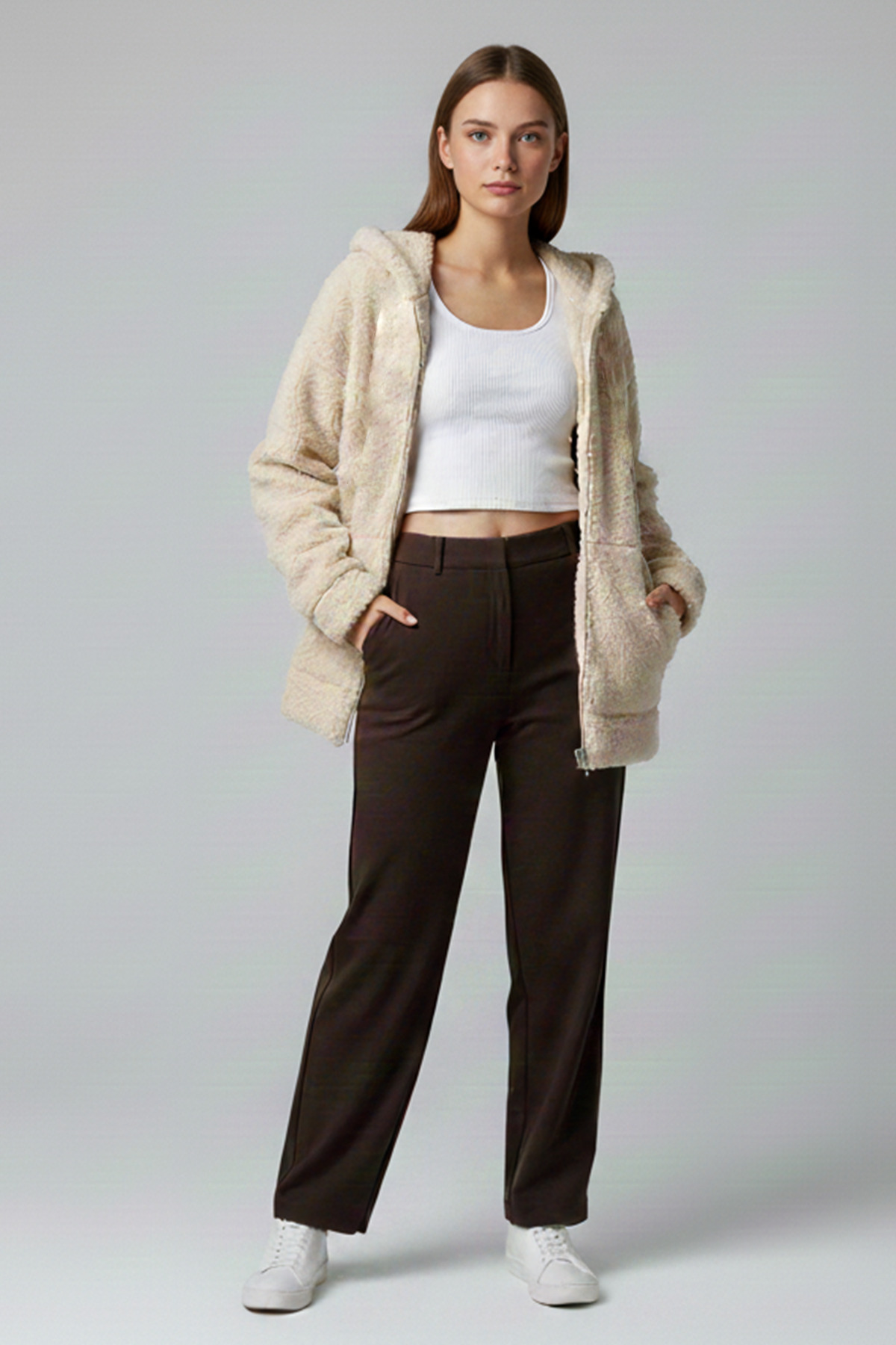 Betimoda  Kadın Fermuarlı Kapüşonlu Uzun Peluş Polar Hırka Ekru - Görsel 3