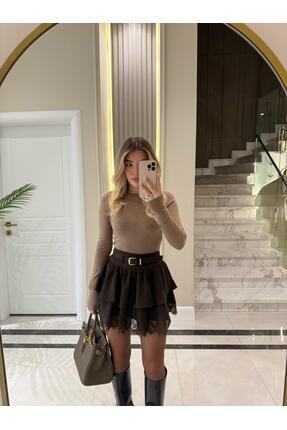 CKBUTİK Kahverengi Kemerli Dantel Detaylı Etek-37199
