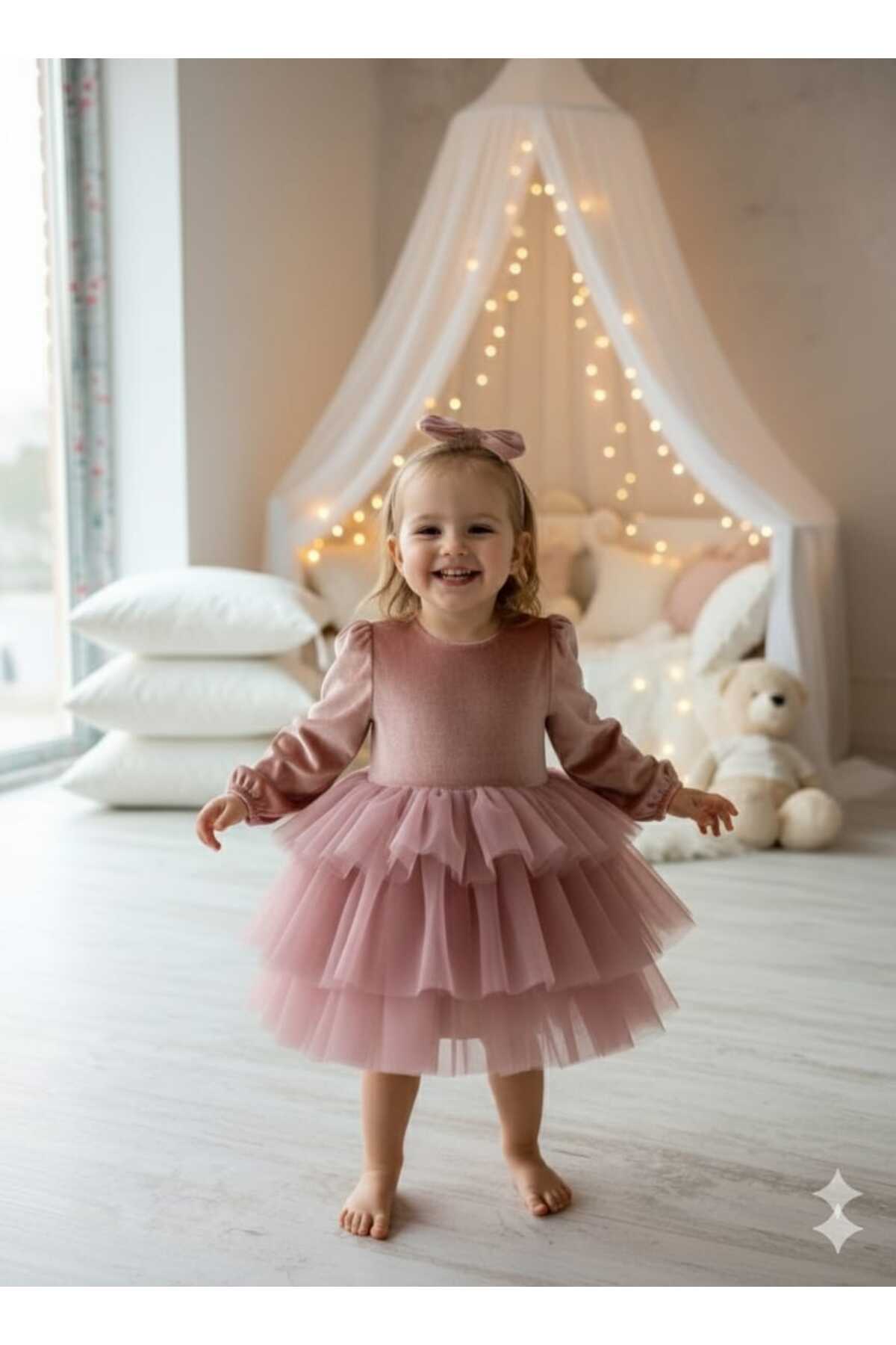 penu baby kids Gül Kurusu Uzun Kol Kat Etekli Kadife Kız Çocuk Bebek Elbise - Gloria fotoğrafı 2 (önizleme)