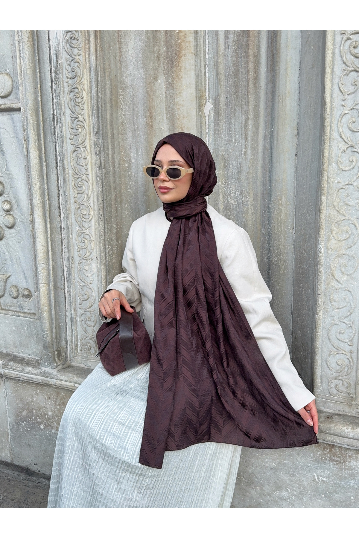 Mira İpek  Balık Sırtı Desen Pamuklu Ayrobin Jakar Şal - Görsel 5