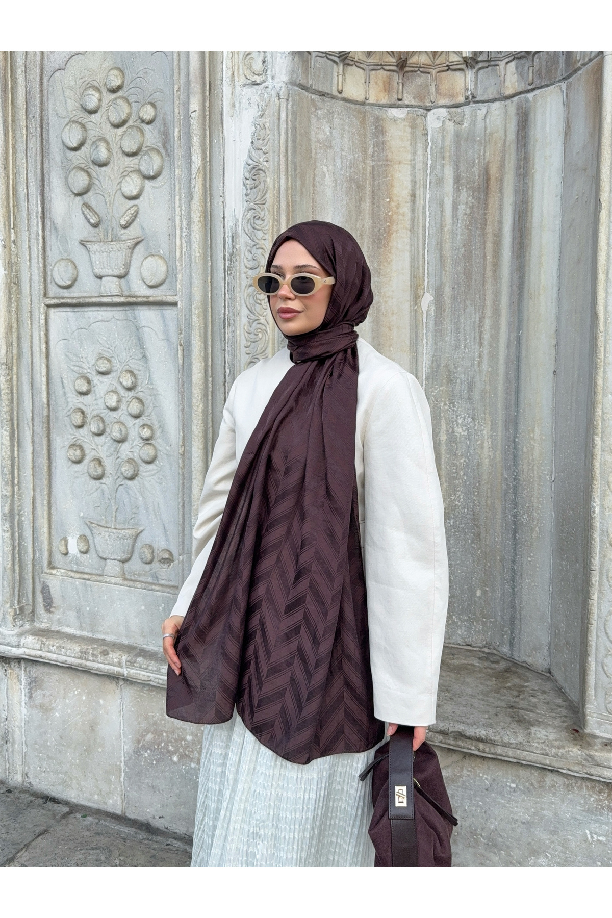 Mira İpek  Balık Sırtı Desen Pamuklu Ayrobin Jakar Şal - Görsel 4