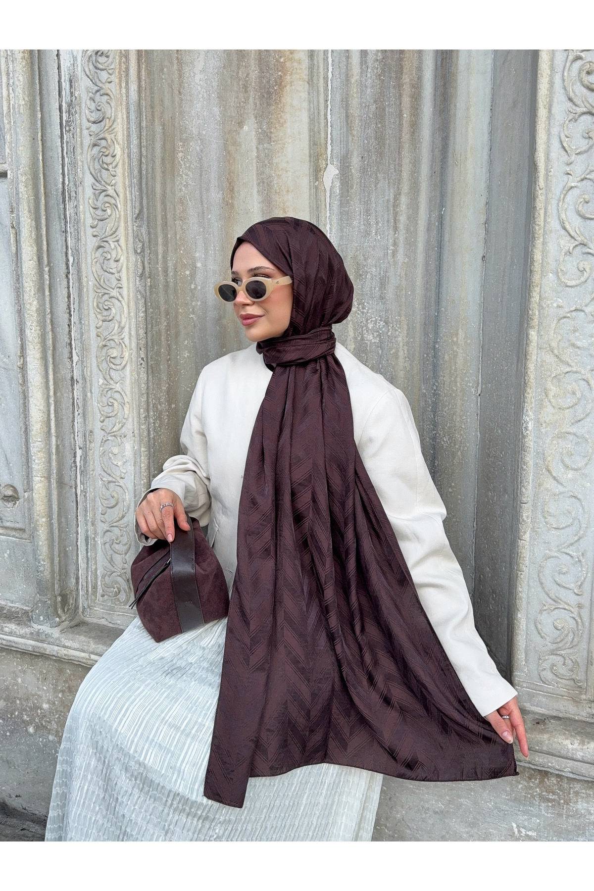 Mira İpek  Balık Sırtı Desen Pamuklu Ayrobin Jakar Şal - Görsel 6