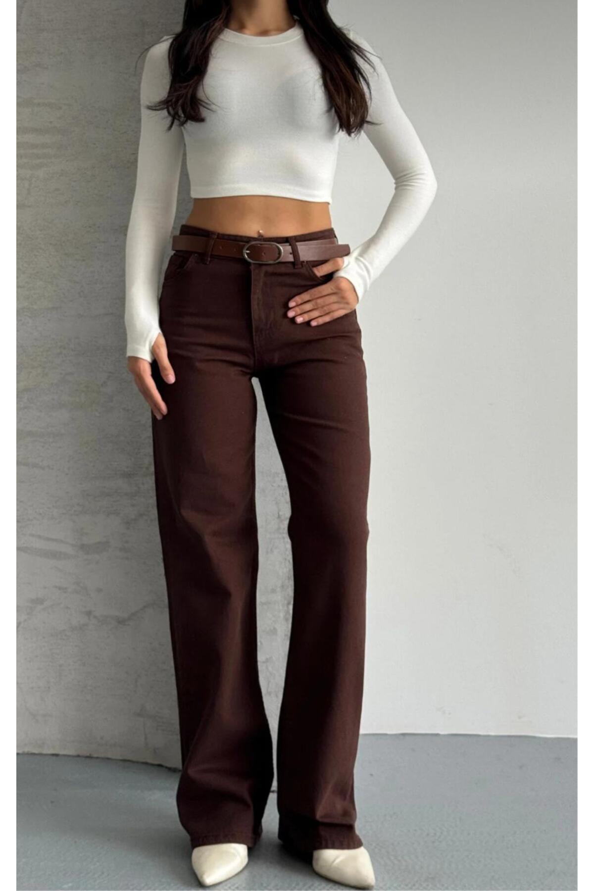 ON KLEEM  Kahverengi Yüksekbel Straight Fit Geniş Paça Pantolon (KEMER DAHİL DEGİL) - Görsel 4