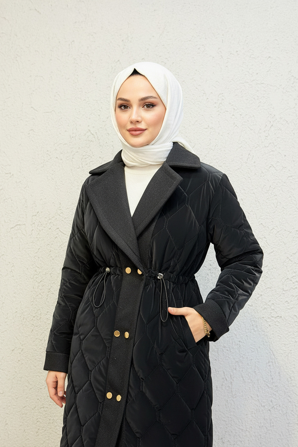 Modatuğsem Kaşe Detaylı Kapitone Kaban Siyah