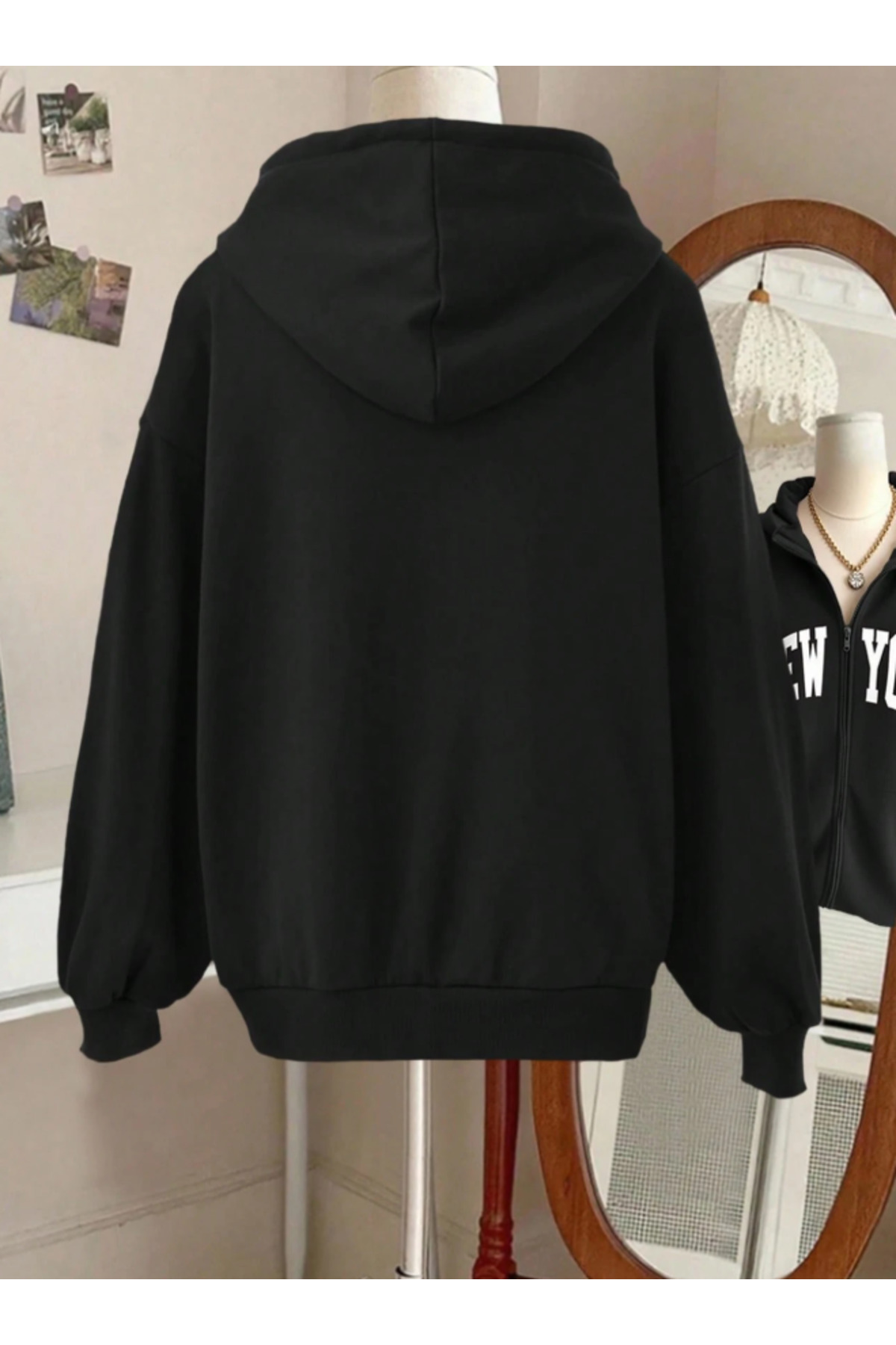New York Baskılı Kapüşonlu Fermuarlı Düz Siyah Oversize Sweatshirt Hırka — مشکی MDNEWYORK — تصویر 2 از 3