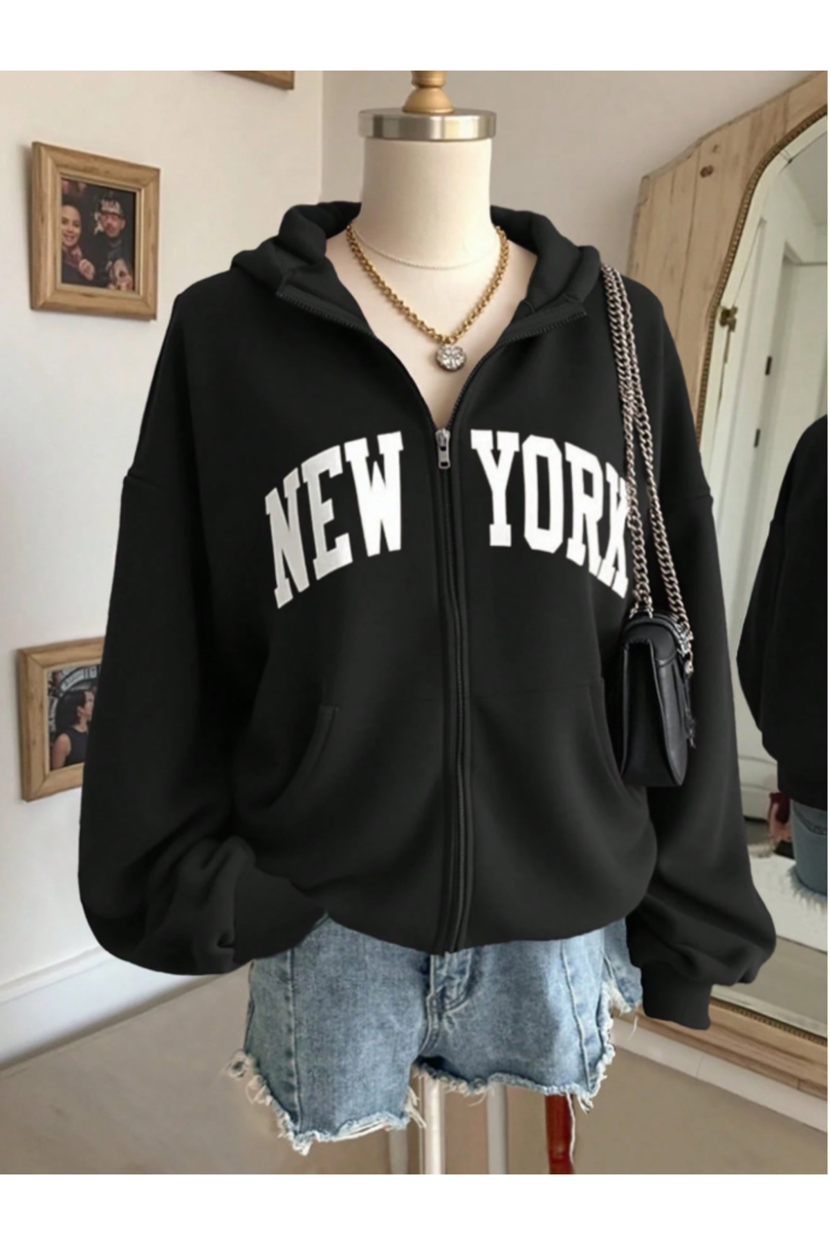 New York Baskılı Kapüşonlu Fermuarlı Düz Siyah Oversize Sweatshirt Hırka — مشکی MDNEWYORK