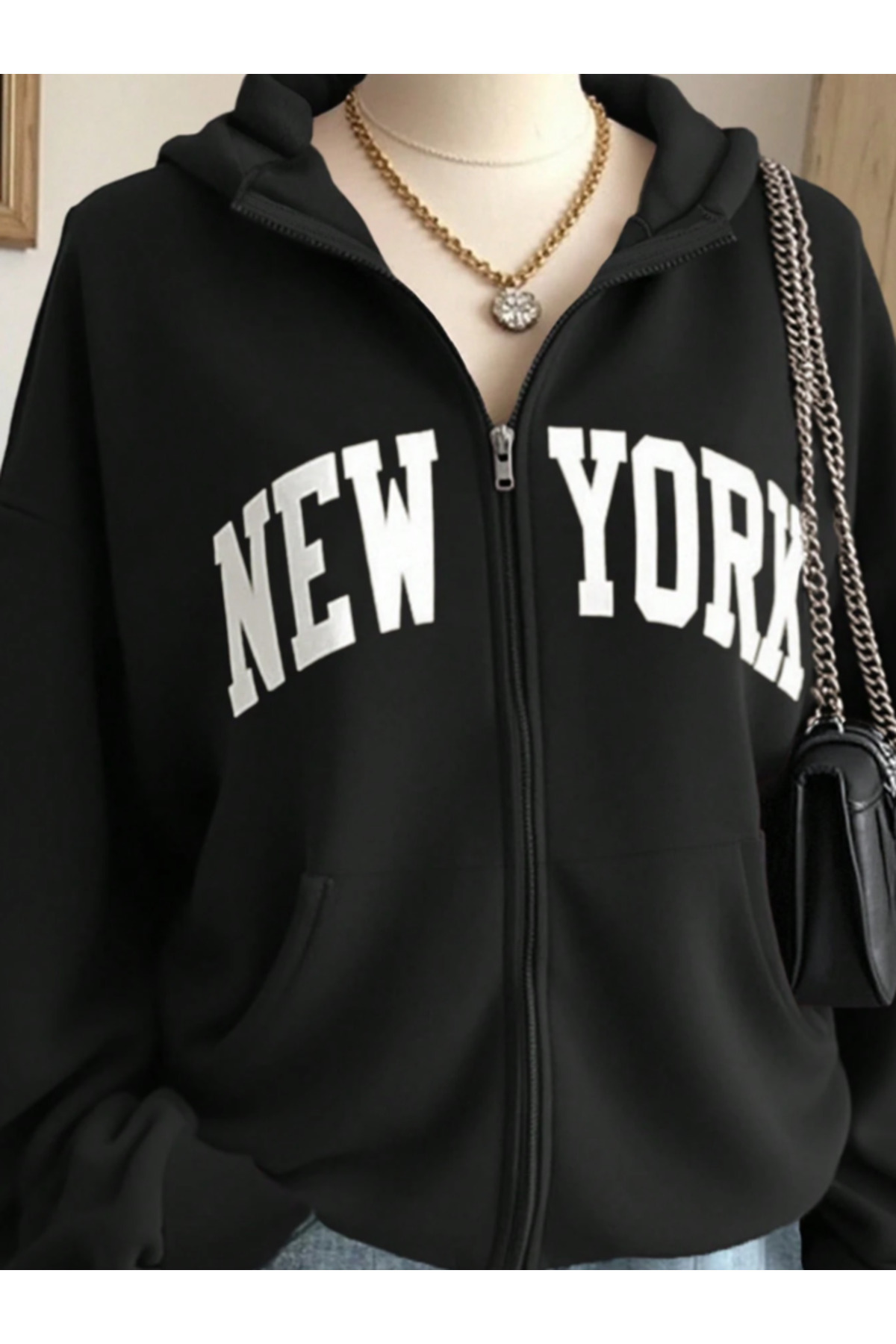 New York Baskılı Kapüşonlu Fermuarlı Düz Siyah Oversize Sweatshirt Hırka — مشکی MDNEWYORK — تصویر 3 از 3