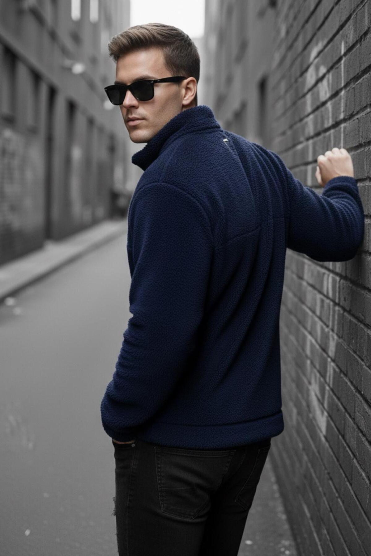 سویشرت مردانه ضخیم پشمی Jayy Slim Fit Plush Half-Full Zip یقه ایستاده — مشکی hilti948052es — تصویر 4 از 4