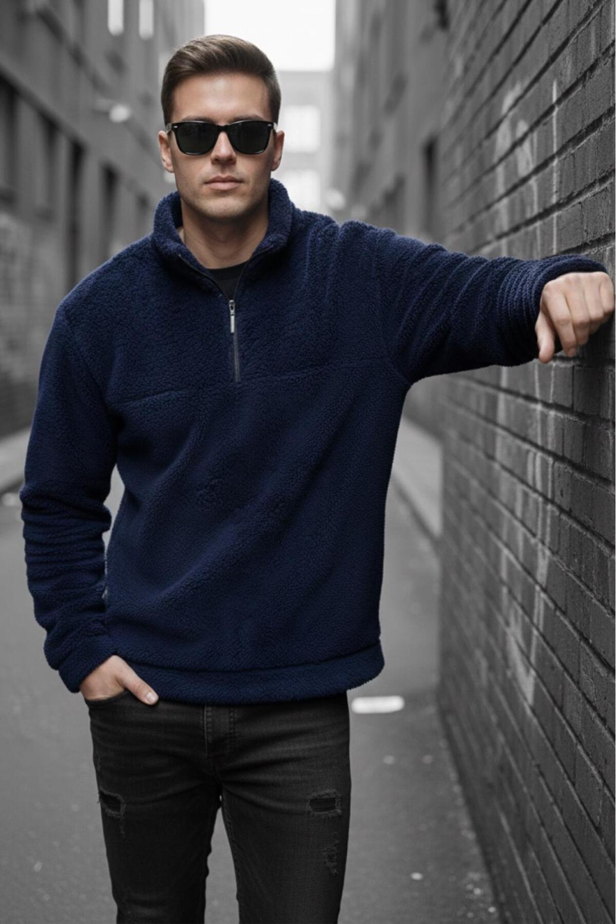 سویشرت مردانه ضخیم پشمی Jayy Slim Fit Plush Half-Full Zip یقه ایستاده — مشکی hilti948052es — تصویر 3 از 4
