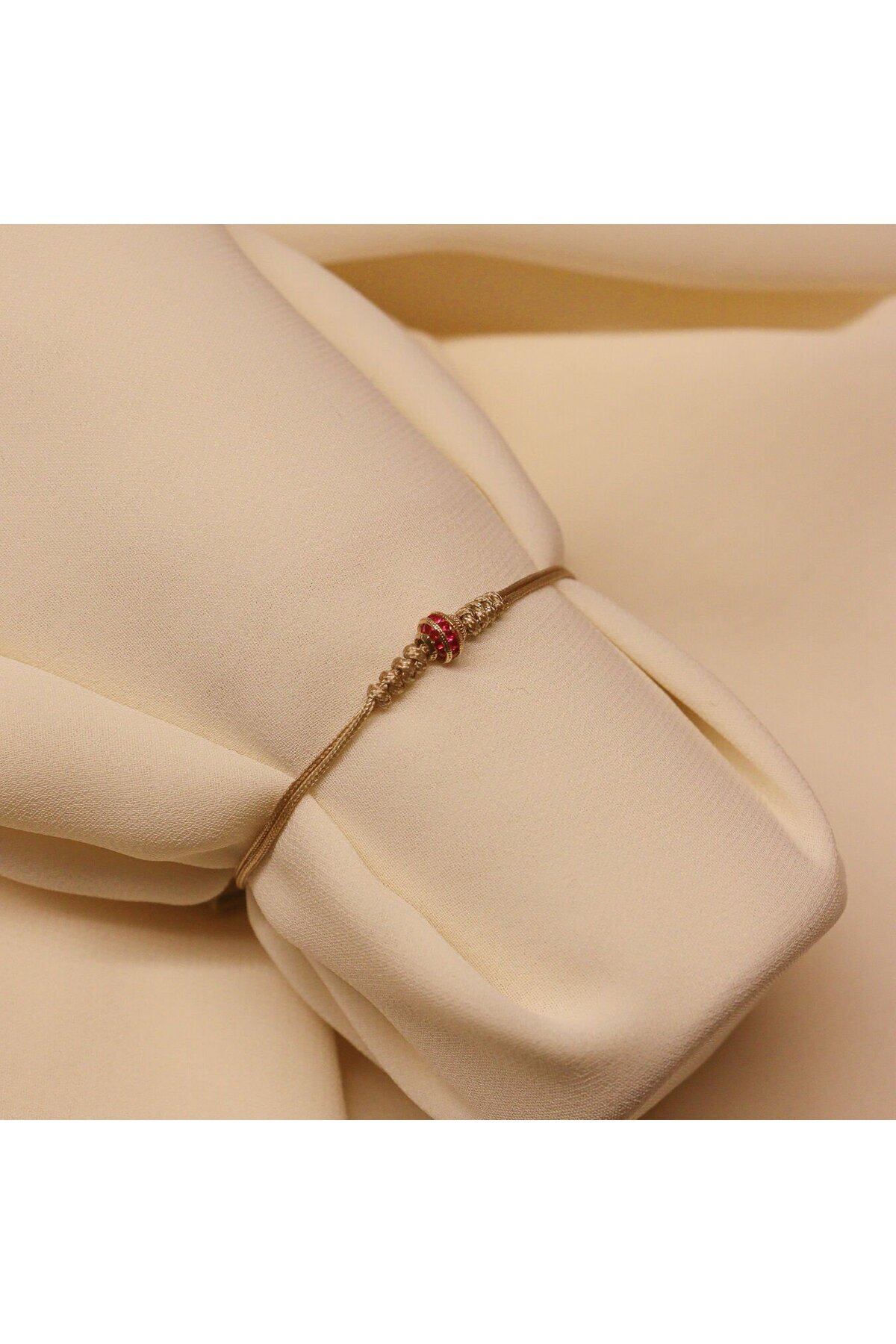 TAHAN MÜCEVHERAT Pembe Yuvarlak Taşlı Bej İpli Bileklik