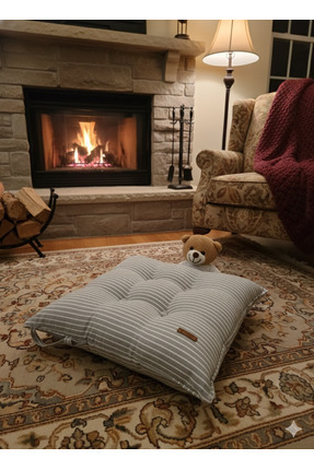 Zümrüdüanka Handmade Beyaz çizgili gri düğmeli Sandalye minderi