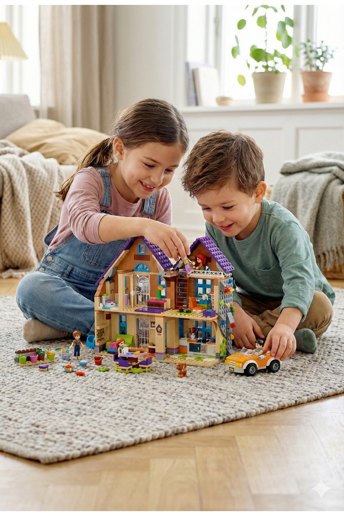 مجموعه ساختمانی ویلایی ۸۶۱ قطعه‌ای همراه با ۳ عروسک مینیاتوری، اسب و ماشین؛ اسباب‌بازی ساخت خانه دو طبقه برای کودکان