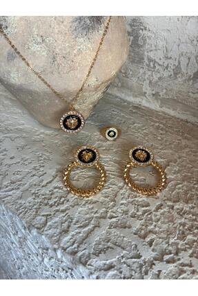 Rimba Aslan İşlemeli VC Gold Küpe, Kolye, Yüzük Takım