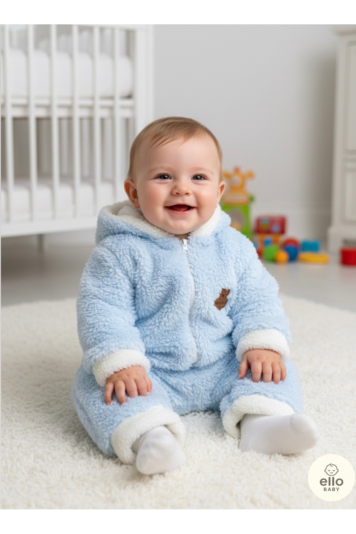 ELLO BABY Wellsoft Kışlık Peluş Kapüşonlu Bebek Tulumu (Mavi) fotoğrafı 2 (önizleme)