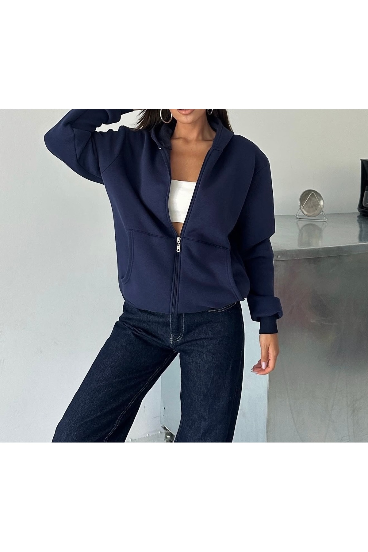 Wyv Kadın 3 İplik kompak penye pomuk unisex Oversize Fermuarlı Kapüşonlu Cepli hırka Sweatshirt Hoodie