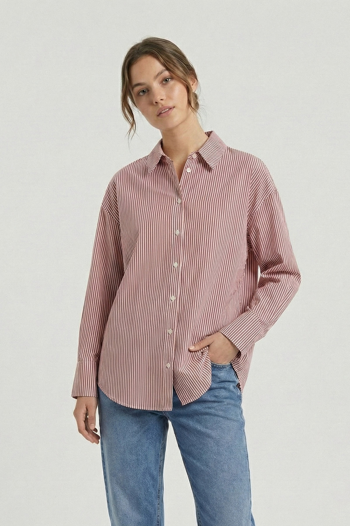 SEVİLEN  Gold CVC Dokulu "No-Iron Effect" Oversize Çizgili Gömlek - Görsel 5