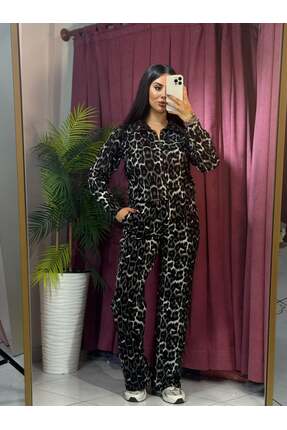 inci bayan giyim KADIN YAKALI FERMUARLI LEOPAR TAKIM/SİYAHH